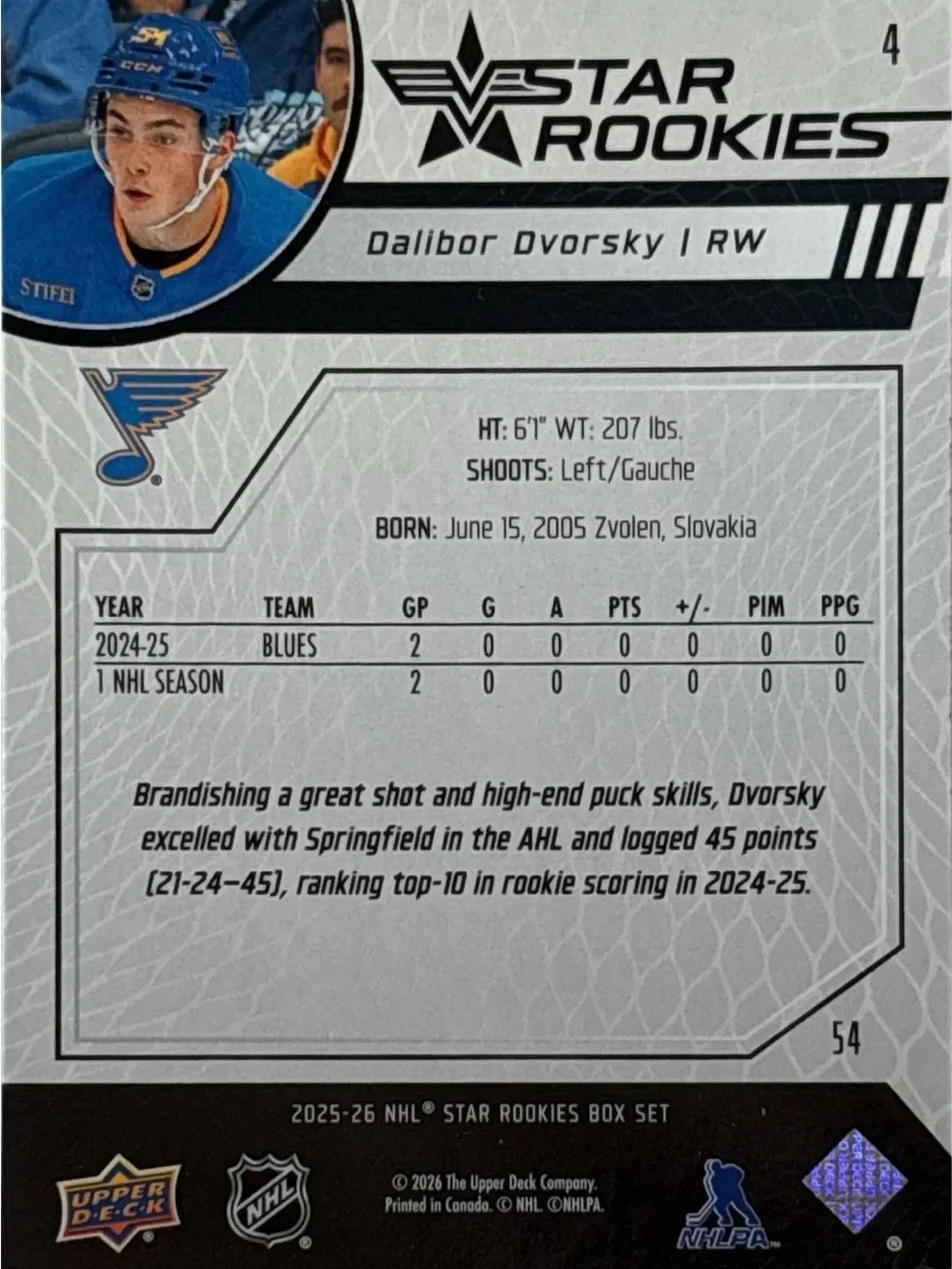 Upper Deck Star Rookies Hockey Trading Card - Dalibor Dvorsky